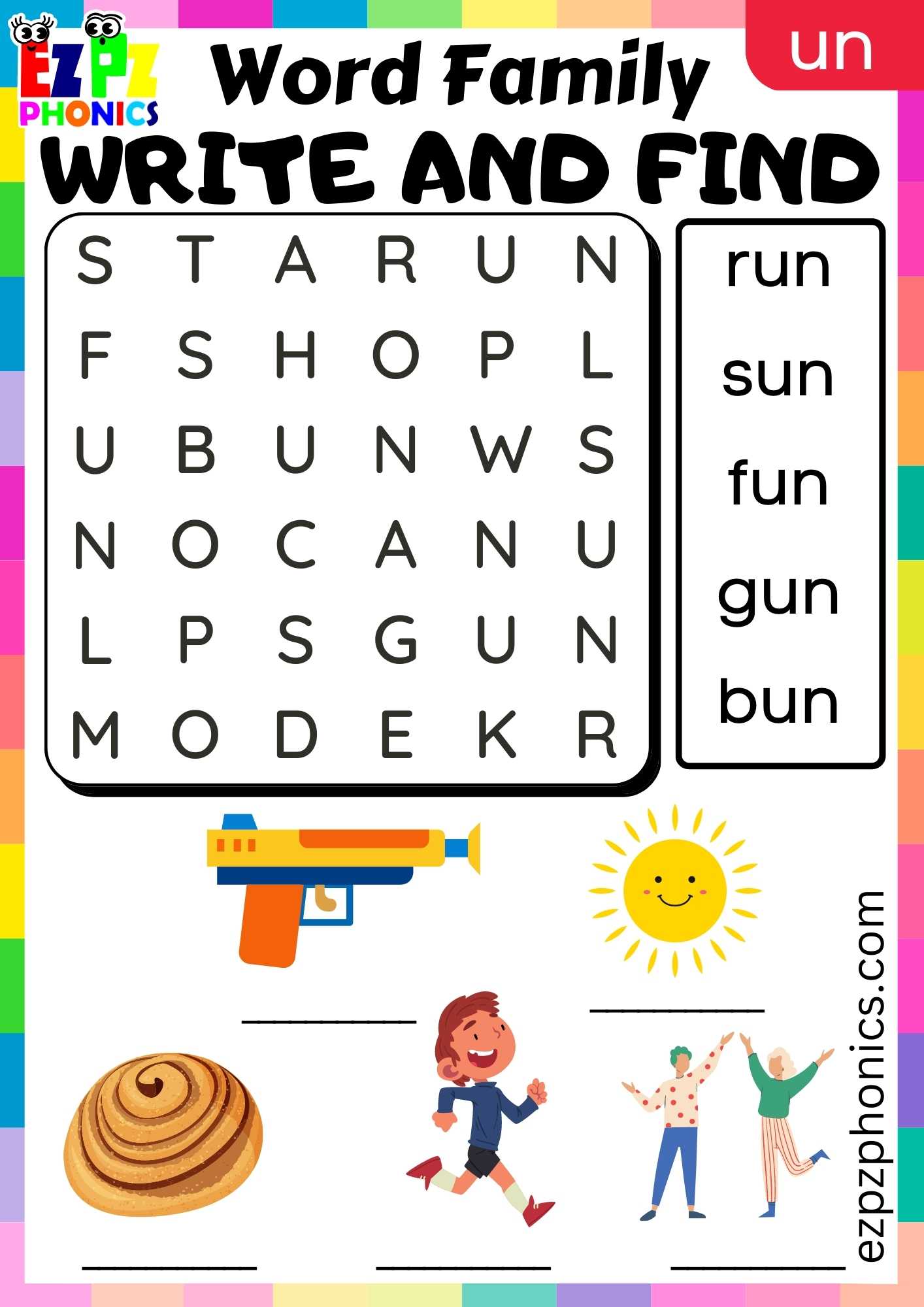 UN Words Write And Find Phonics Word Families Worksheet - ezpzphonics.com